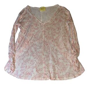 Free People Floral Open Back Tee Shirt Small Linen Oversized Cream Pink Henley